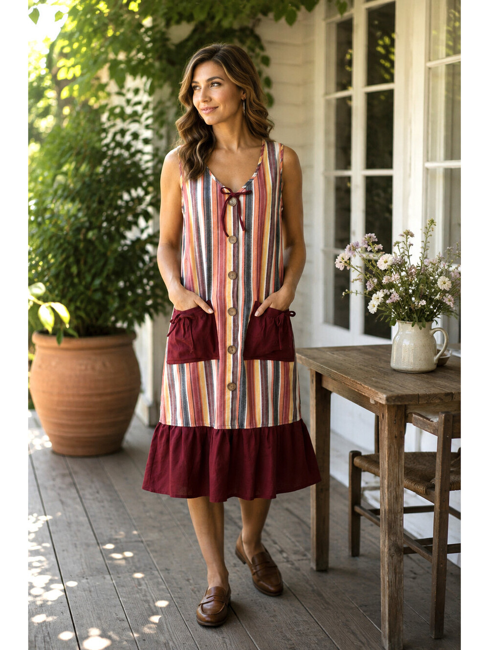 Ensy Upcycled Boho Stripe Midi Dress XL Handmade Button Front Pockets
